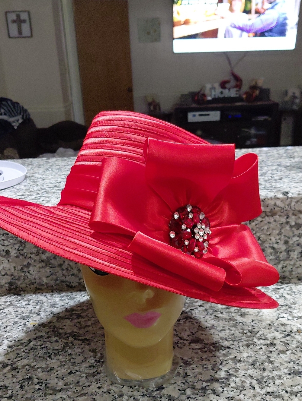 Whitall & Women's Red Satin Church Hat with Bow and Rhinestone Accent